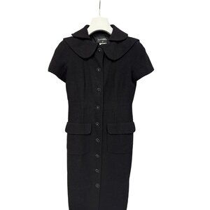 Chanel Black Short-Sleeve Button-Down Midi Dress With Peter Pan Collar & Pockets